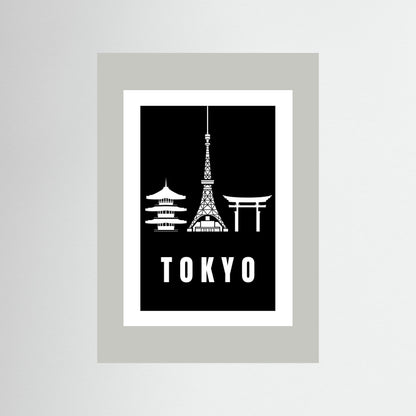 Tokyo Cityscape Art Print – Black Edition featuring pagoda, Tokyo Tower, and Torii gate. Unframed with a light grey border.