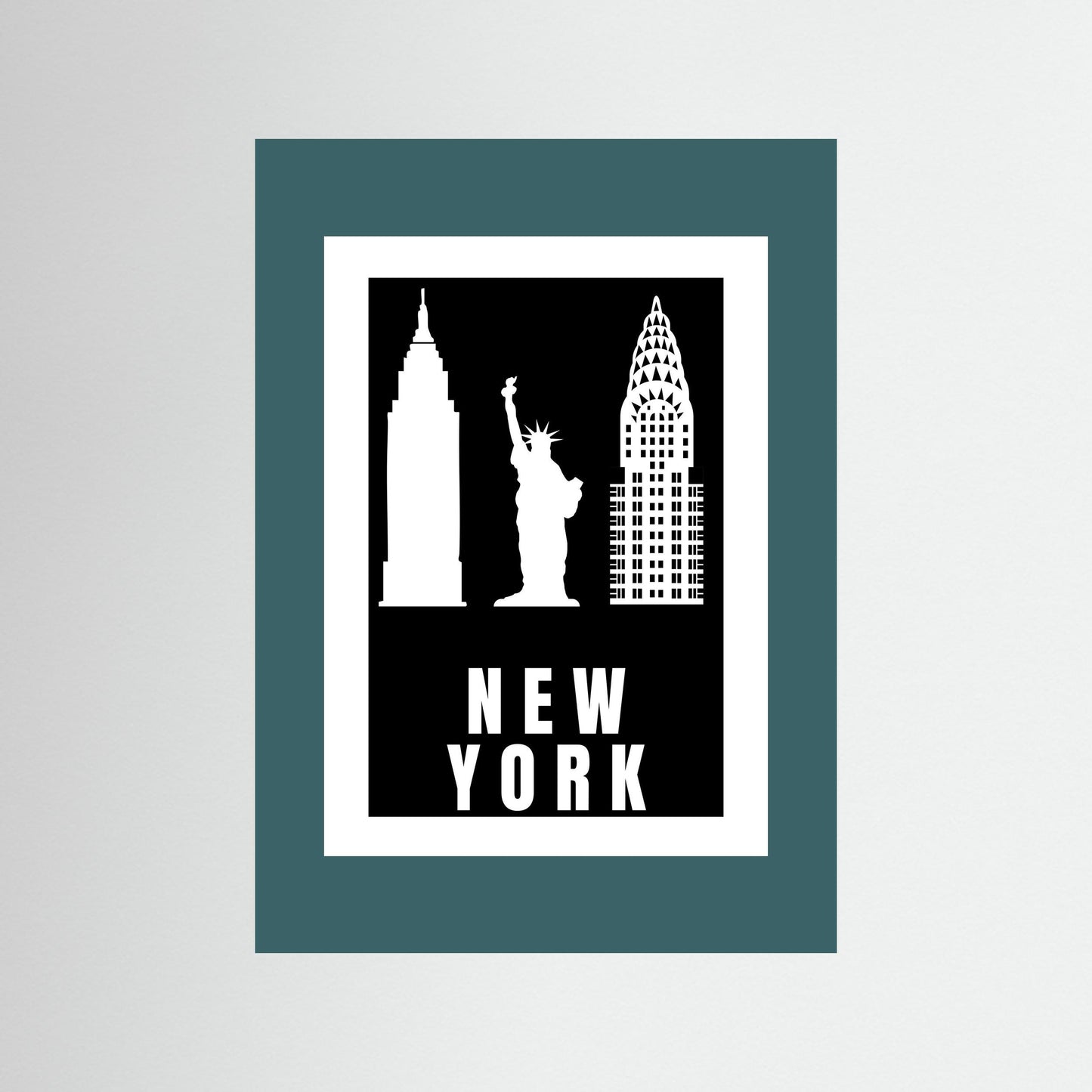 Unframed artwork with New York cityscape silhouette on a black background with a teal border.
