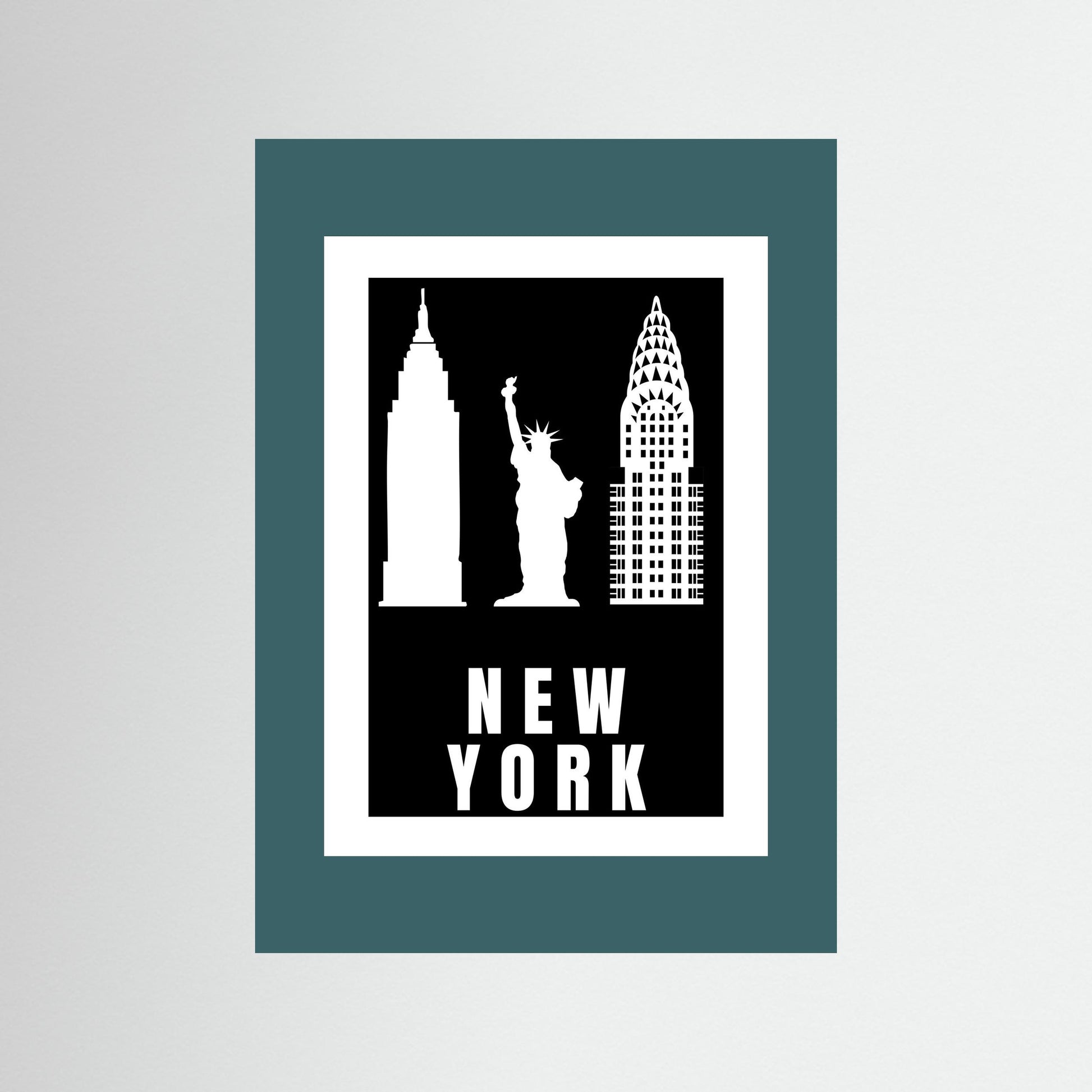 Unframed artwork with New York cityscape silhouette on a black background with a teal border.