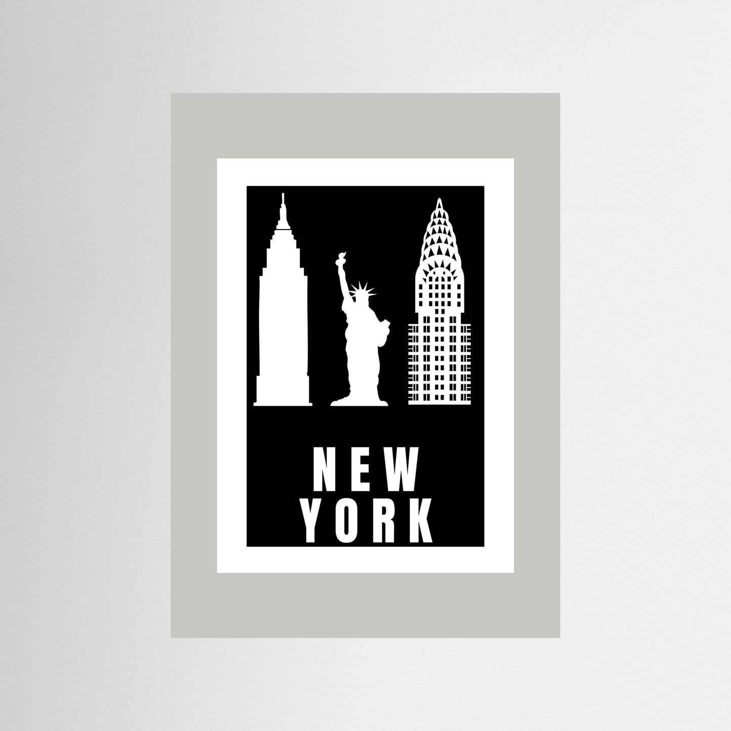 Unframed poster with New York cityscape silhouette featuring Empire State Building, Chrysler Building, and Statue of Liberty on a black background with a light grey border.