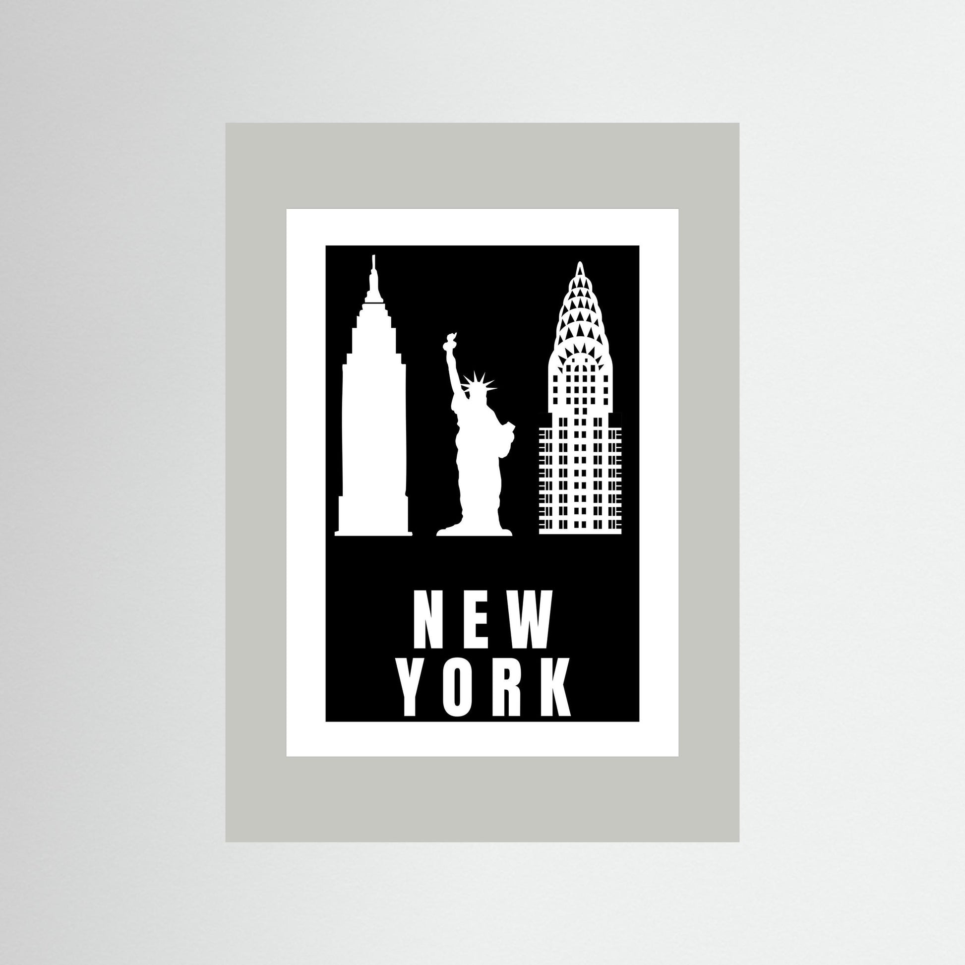 Unframed poster with New York cityscape silhouette featuring Empire State Building, Chrysler Building, and Statue of Liberty on a black background with a light grey border.