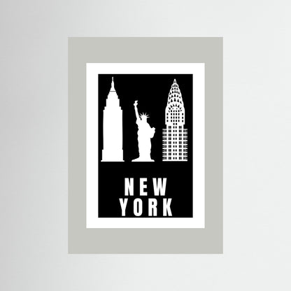 Unframed poster with New York cityscape silhouette featuring Empire State Building, Chrysler Building, and Statue of Liberty on a black background with a light grey border.
