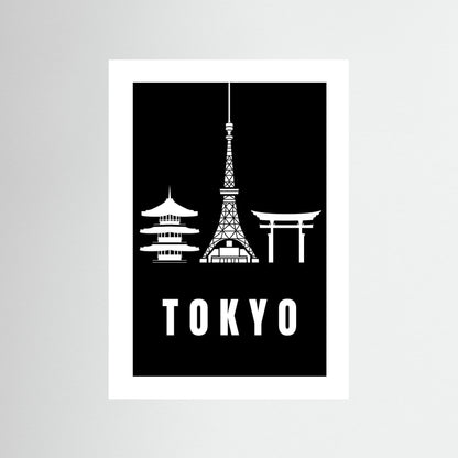 Tokyo Cityscape Art Print – Black Edition featuring pagoda, Tokyo Tower, and Torii gate. unframed with no border