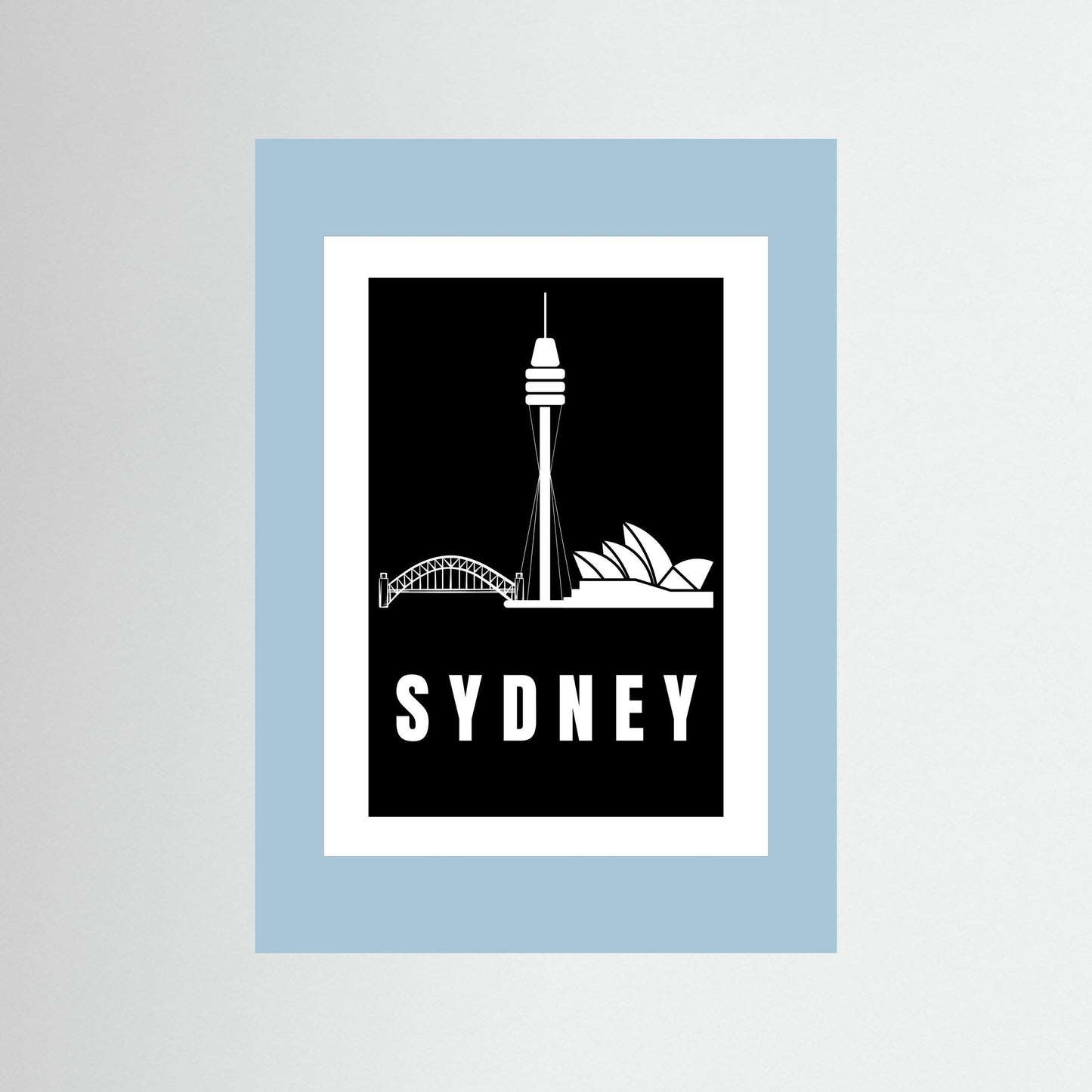 Unframed  artwork with Sydney skyline and 'Sydney' text with a light blue border