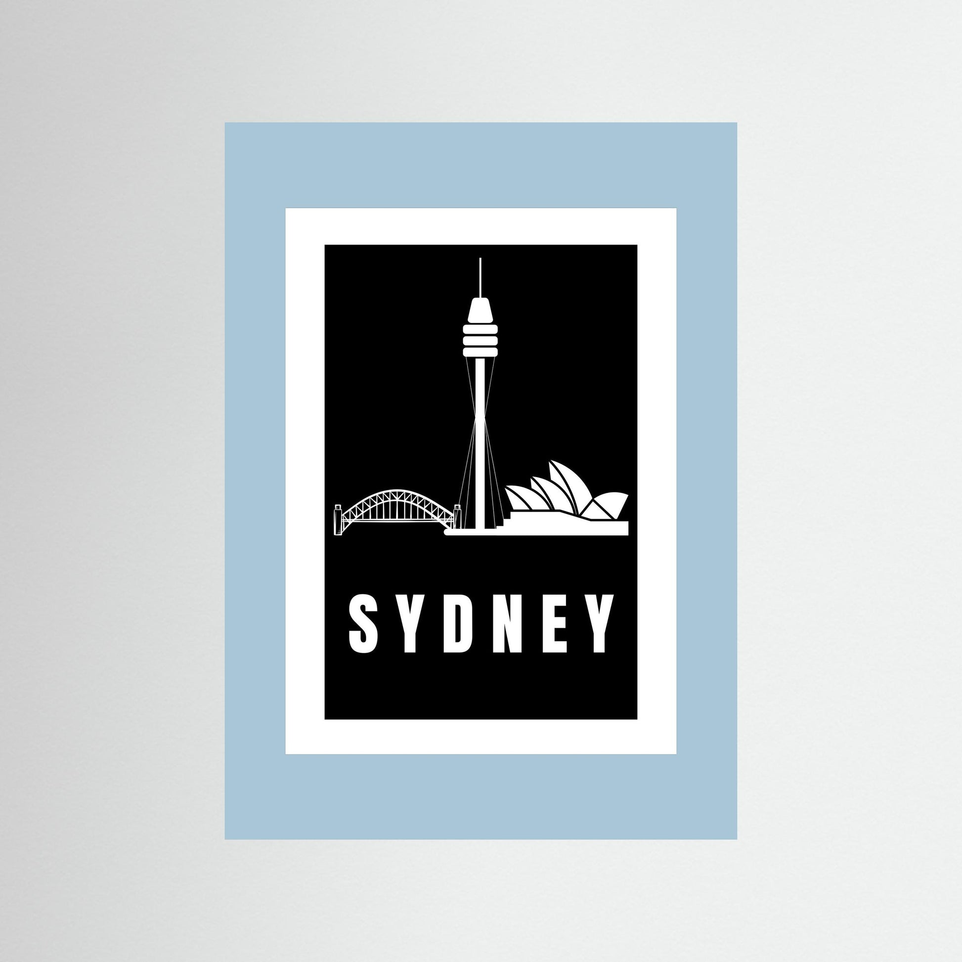 Unframed  artwork with Sydney skyline and 'Sydney' text with a light blue border