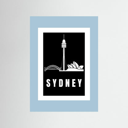 Unframed  artwork with Sydney skyline and 'Sydney' text with a light blue border