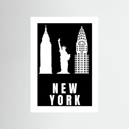 Black poster with white silhouettes of the Empire State Building, Statue of Liberty, and Chrysler Building with 'NEW YORK' text with a white border