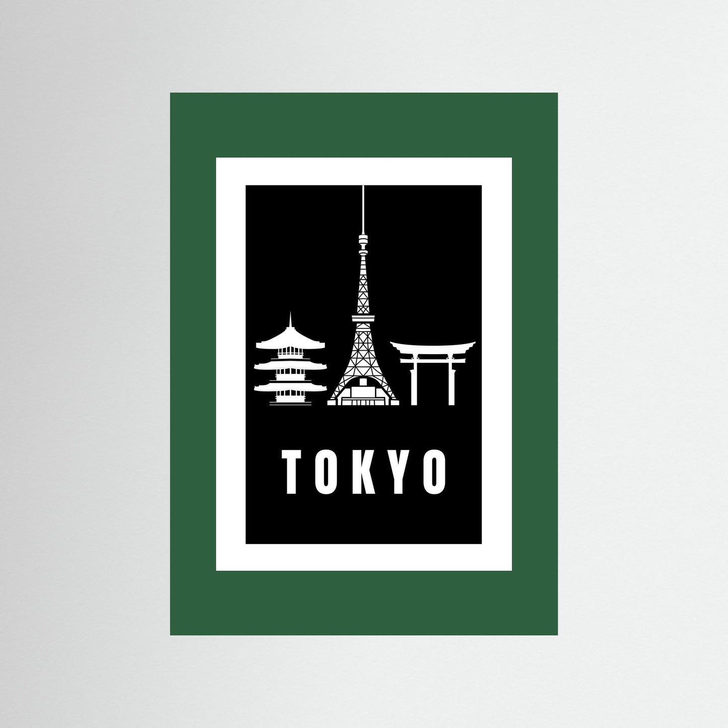 Tokyo Cityscape Art Print – Black Edition featuring pagoda, Tokyo Tower, and Torii gate. Unframed with dark green border