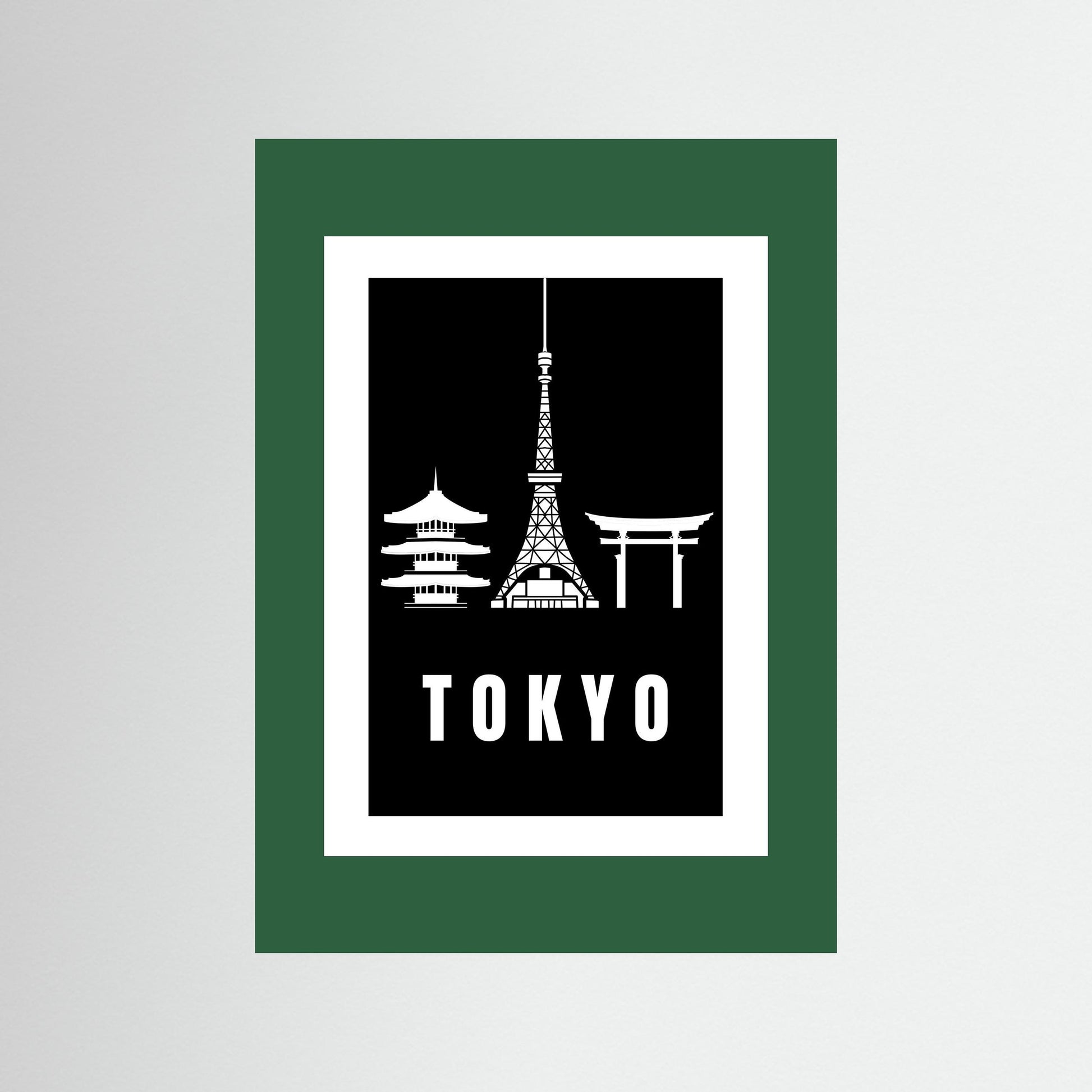 Tokyo Cityscape Art Print – Black Edition featuring pagoda, Tokyo Tower, and Torii gate. Unframed with dark green border