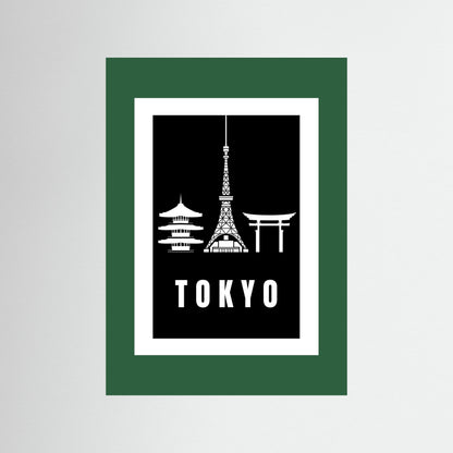 Tokyo Cityscape Art Print – Black Edition featuring pagoda, Tokyo Tower, and Torii gate. Unframed with dark green border
