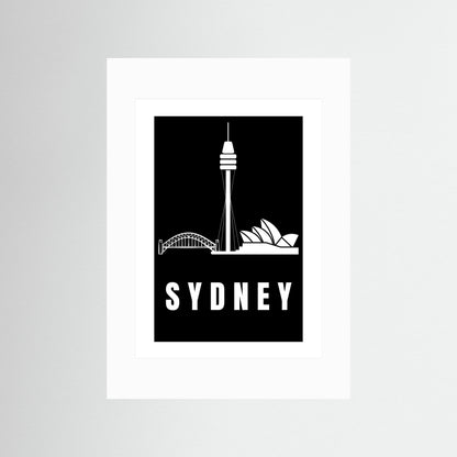 Unframed Black and white illustration of Sydney landmarks with 'SYDNEY' text on a white border