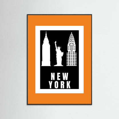 Framed artwork with New York City landmarks on a black background with an orange border.