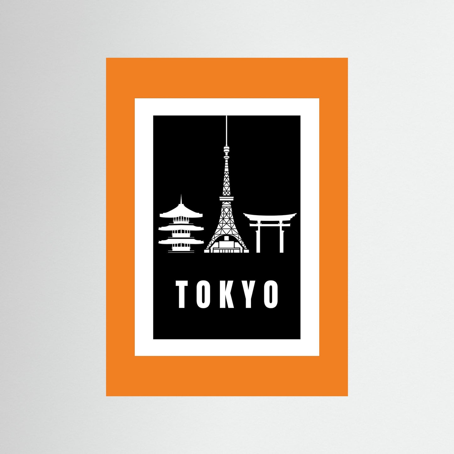 Tokyo Cityscape Art Print – Black Edition featuring pagoda, Tokyo Tower, and Torii gate. unframed with orange border