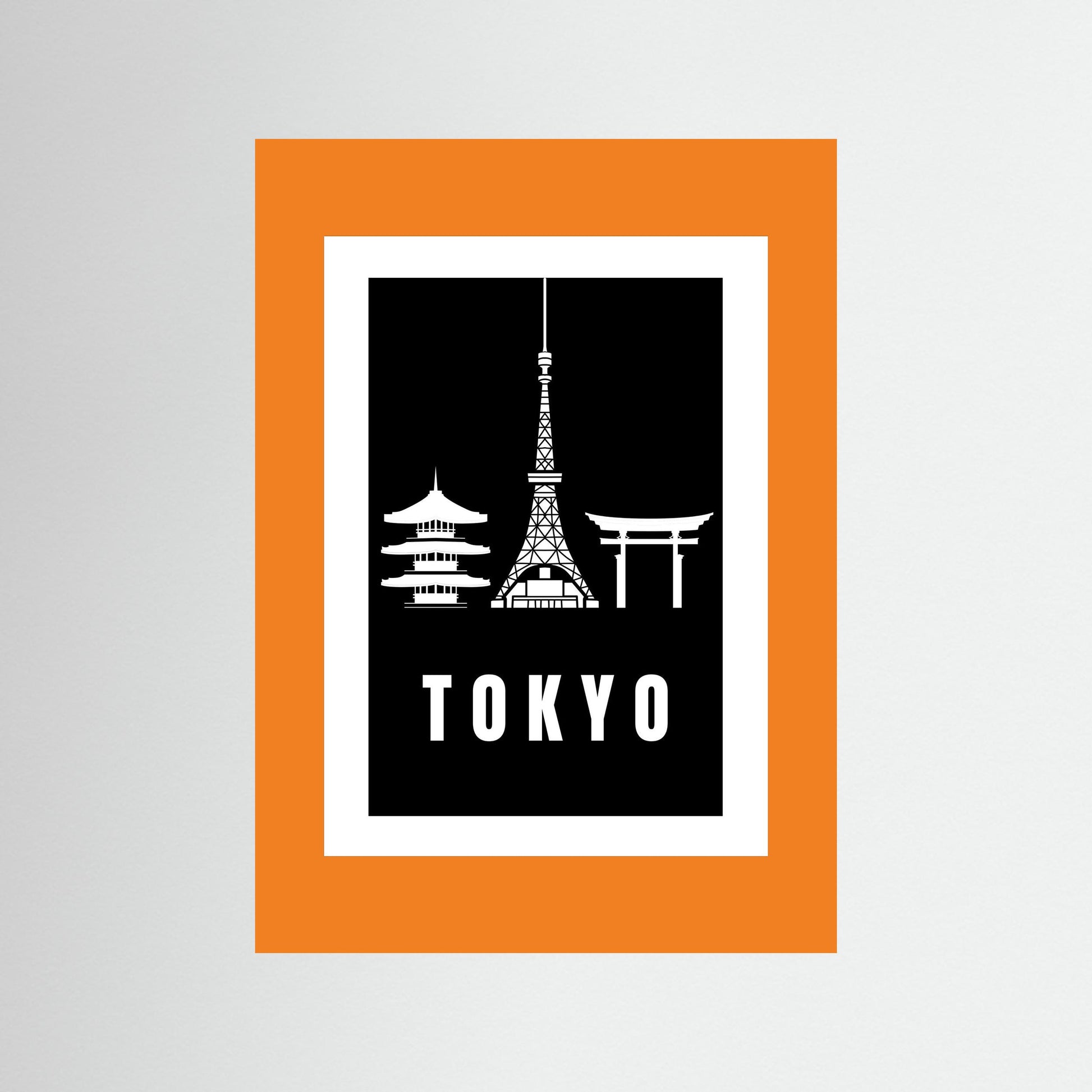 Tokyo Cityscape Art Print – Black Edition featuring pagoda, Tokyo Tower, and Torii gate. unframed with orange border
