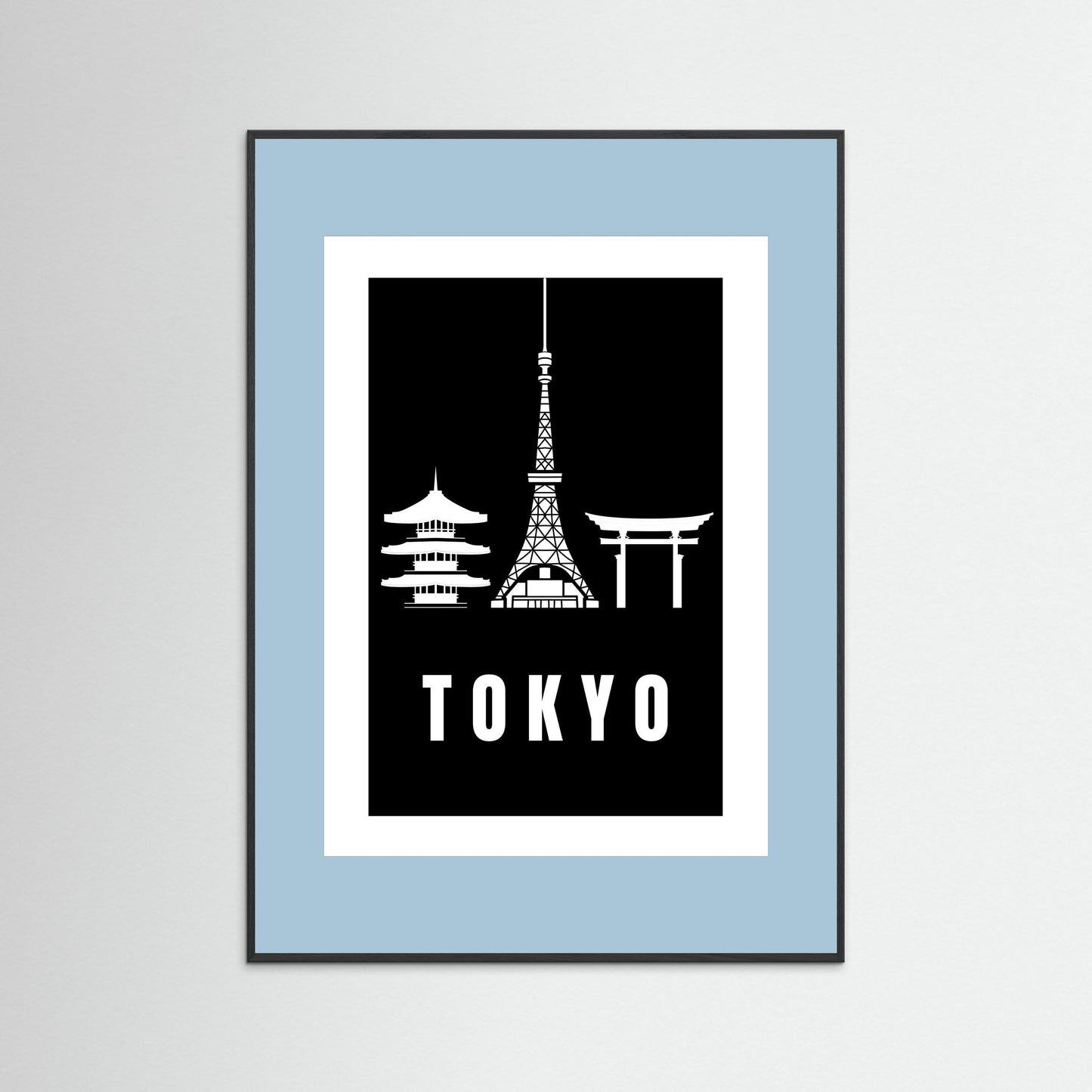 Tokyo Cityscape Art Print – Black Edition featuring pagoda, Tokyo Tower, and Torii gate. Framed with pale blue border.
