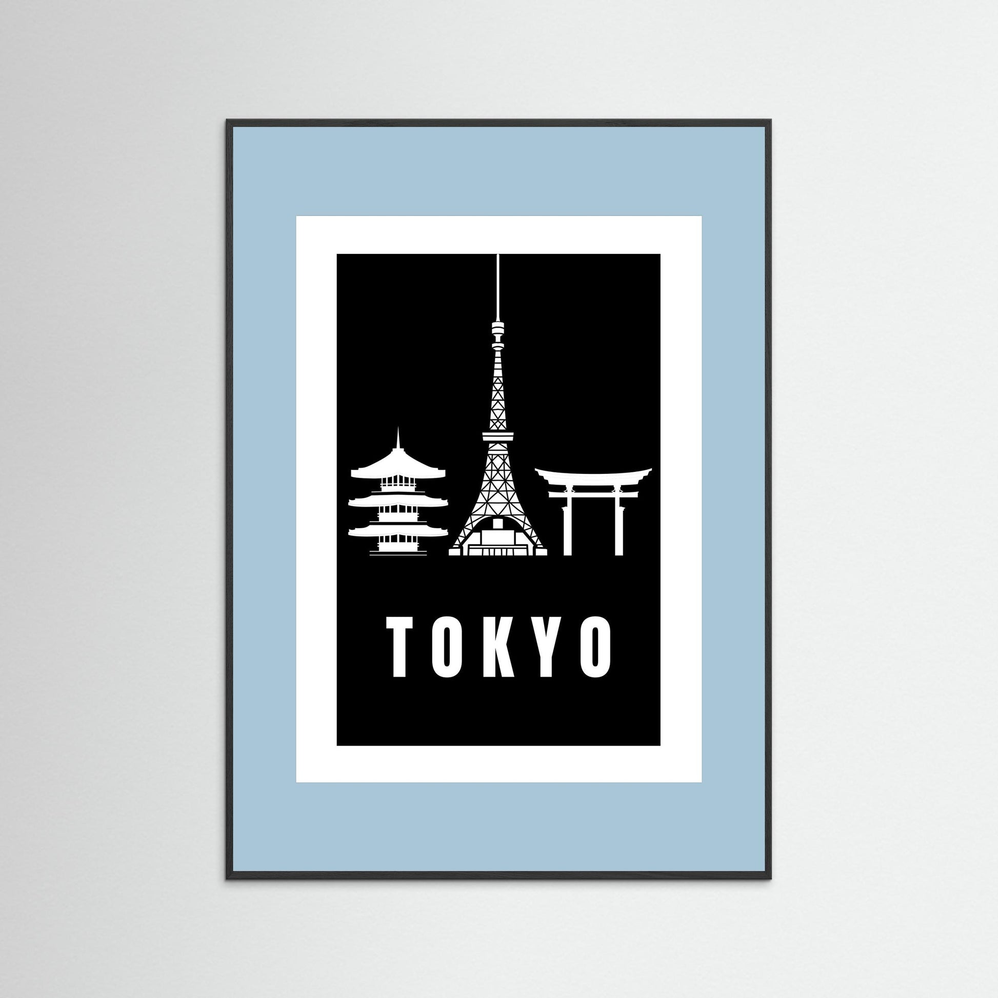 Tokyo Cityscape Art Print – Black Edition featuring pagoda, Tokyo Tower, and Torii gate. Framed with pale blue border.