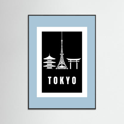 Tokyo Cityscape Art Print – Black Edition featuring pagoda, Tokyo Tower, and Torii gate. Framed with pale blue border.