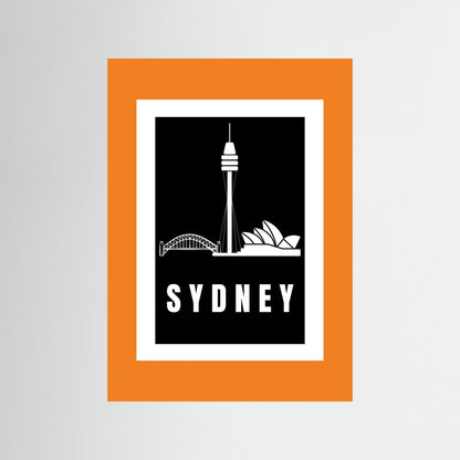 Unframed Sydney Cityscape Art Print – Black Edition featuring Opera House, Harbour Bridge, and Sydney Tower. SYDNEY text on an orange border