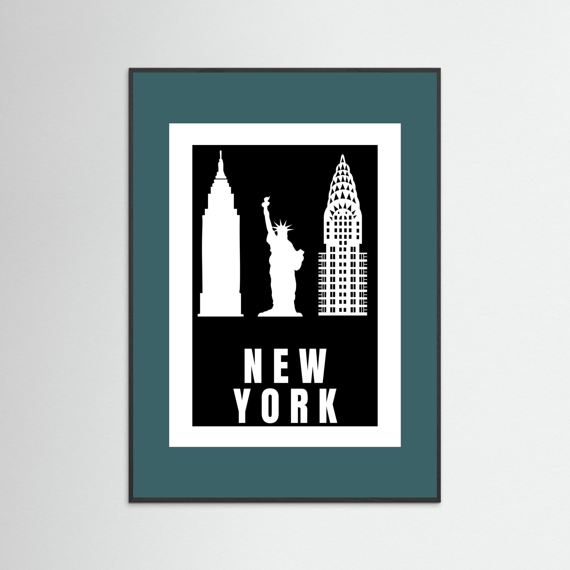 Framed artwork with silhouettes of New York landmarks on a black background with a teal border 