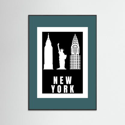 Framed artwork with silhouettes of New York landmarks on a black background with a teal border 