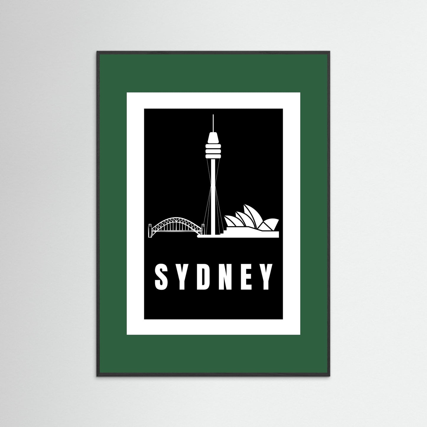 Framed artwork with Sydney skyline silhouette and 'Sydney' text on a  dark green border