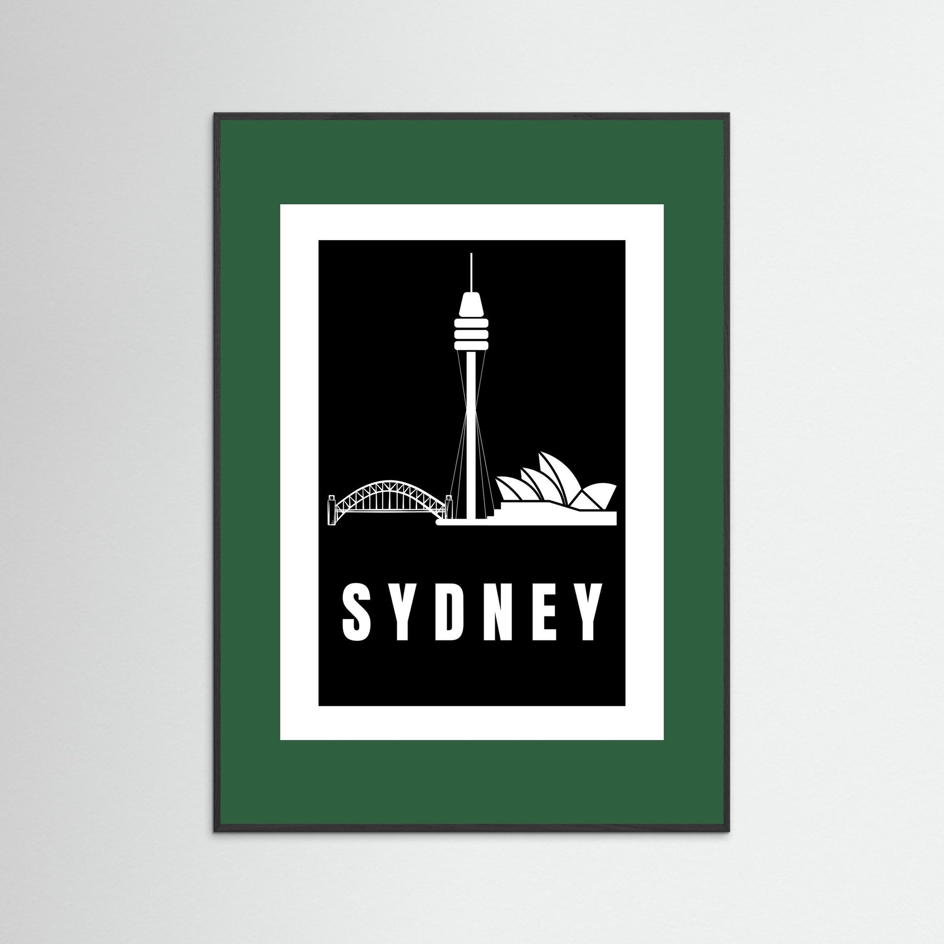 Framed artwork with Sydney skyline silhouette and 'Sydney' text on a  dark green border