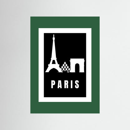 Framed poster with Eiffel Tower and Arc de Triomphe silhouettes and 'PARIS' text on a black background. and dark green border.