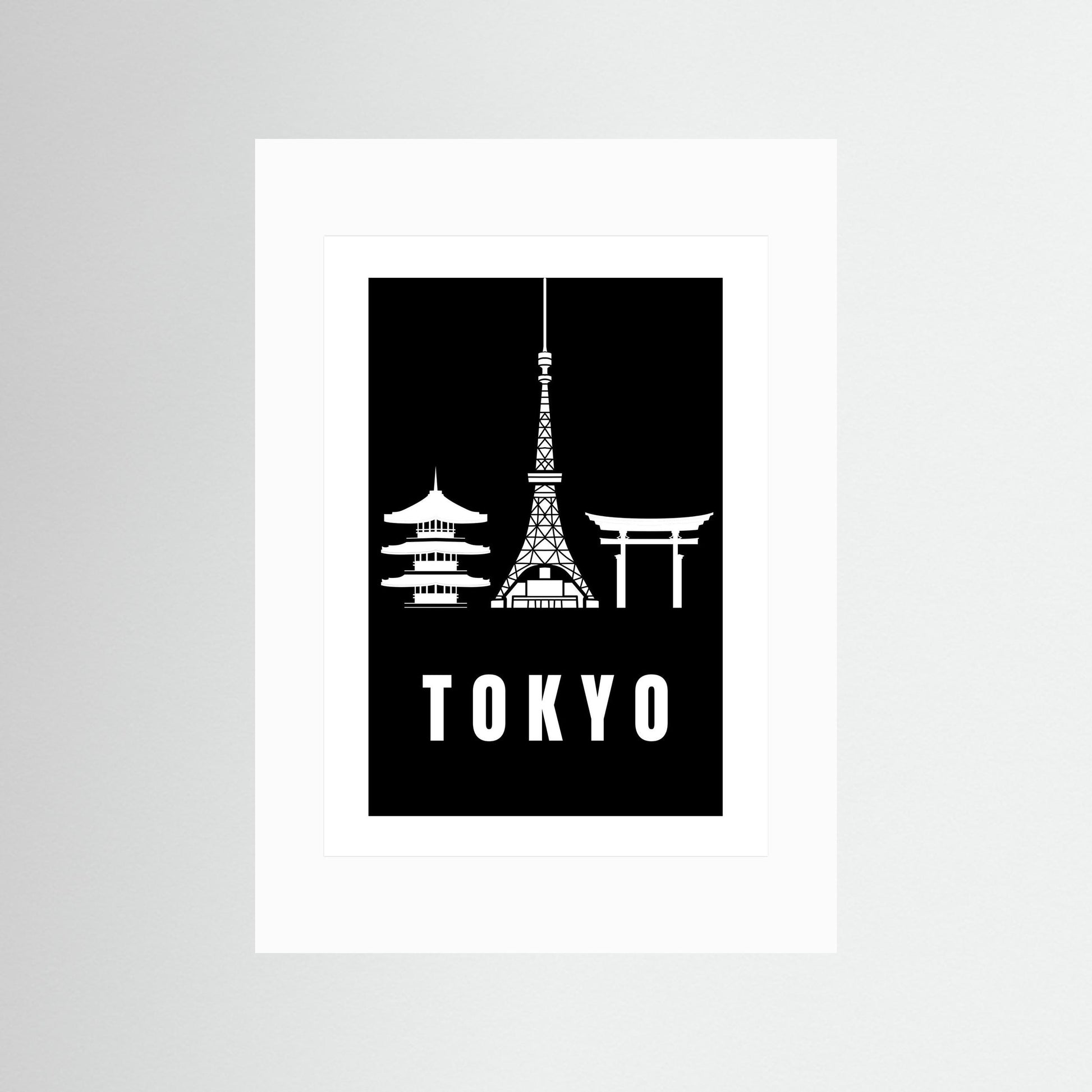 Tokyo Cityscape Art Print – Black Edition featuring pagoda, Tokyo Tower, and Torii gate. unframed with white border.