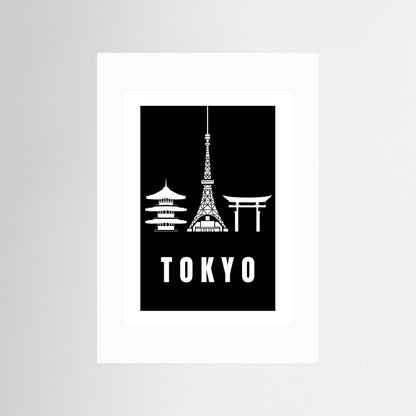 Tokyo Cityscape Art Print – Black Edition featuring pagoda, Tokyo Tower, and Torii gate. unframed with white border.