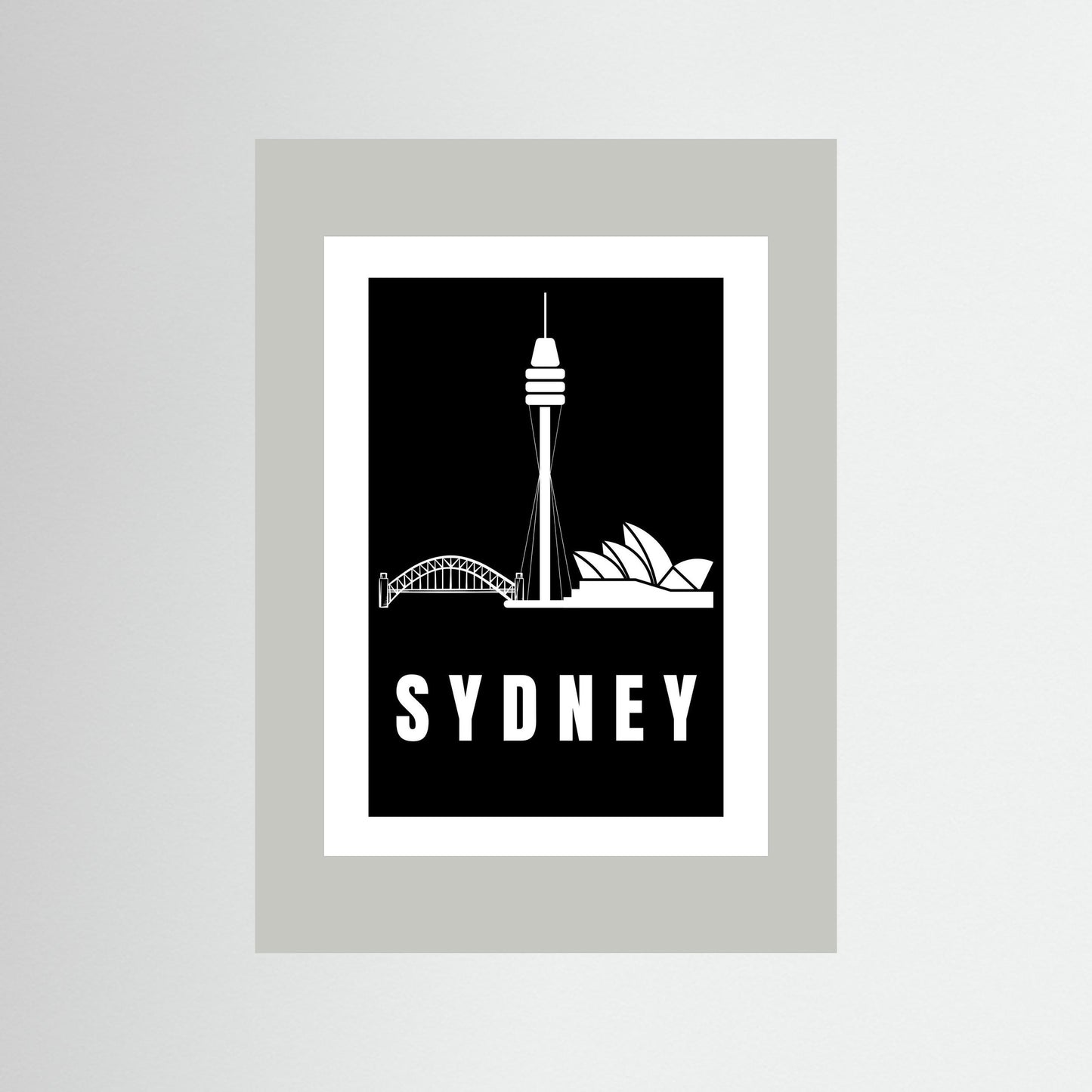Unframed artwork with Sydney skyline silhouette and 'Sydney' text on a light grey border