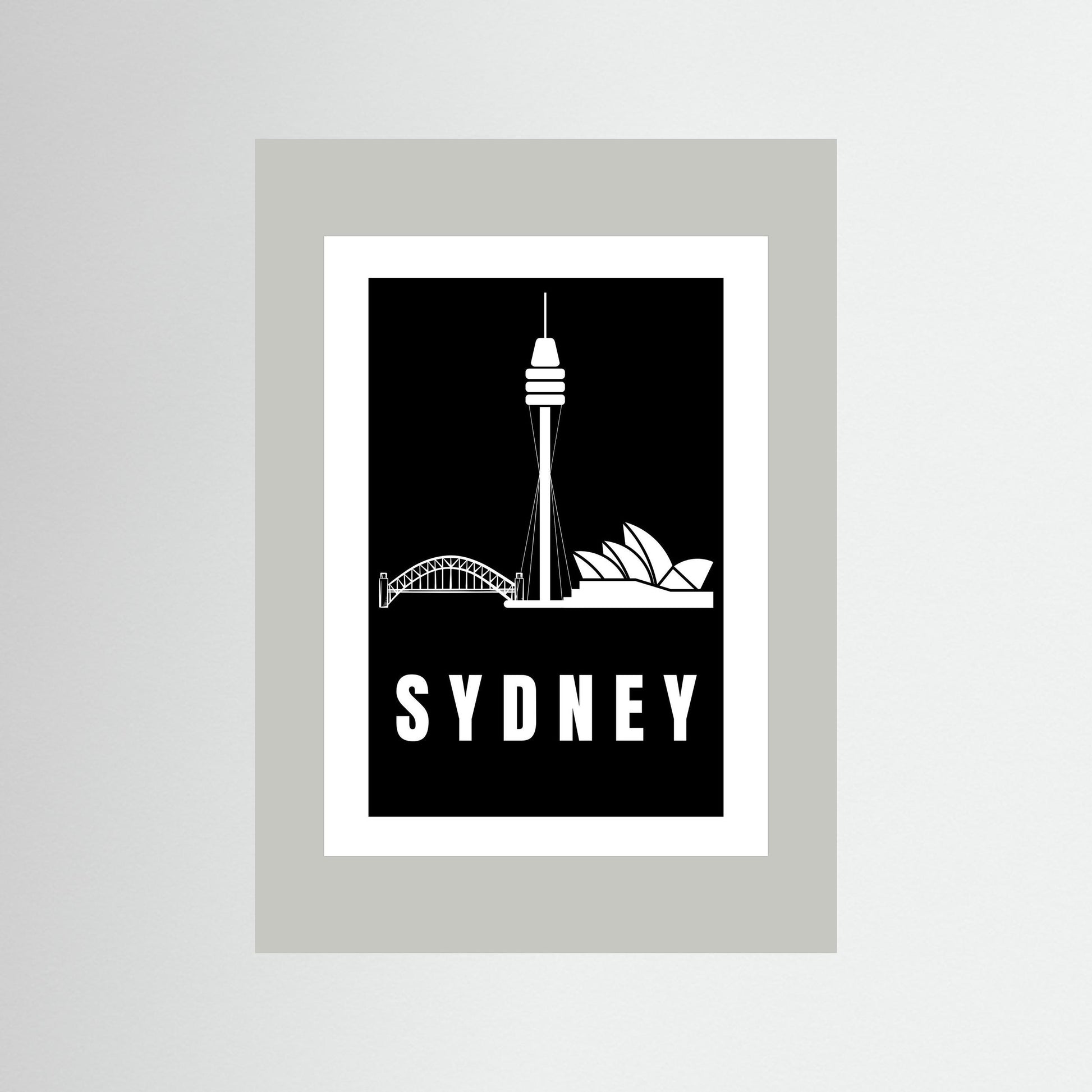 Unframed artwork with Sydney skyline silhouette and 'Sydney' text on a light grey border