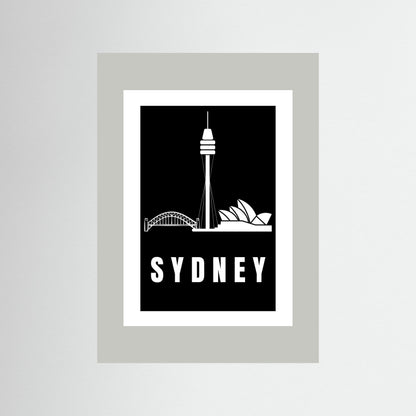 Unframed artwork with Sydney skyline silhouette and 'Sydney' text on a light grey border