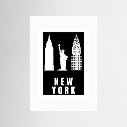 Unframed Black and white illustration of New York City landmarks on a black background with a white border.