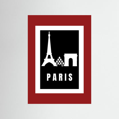 Framed artwork with Eiffel Tower and Arc de Triomphe silhouettes on a black background with 'PARIS' text, framed in red.