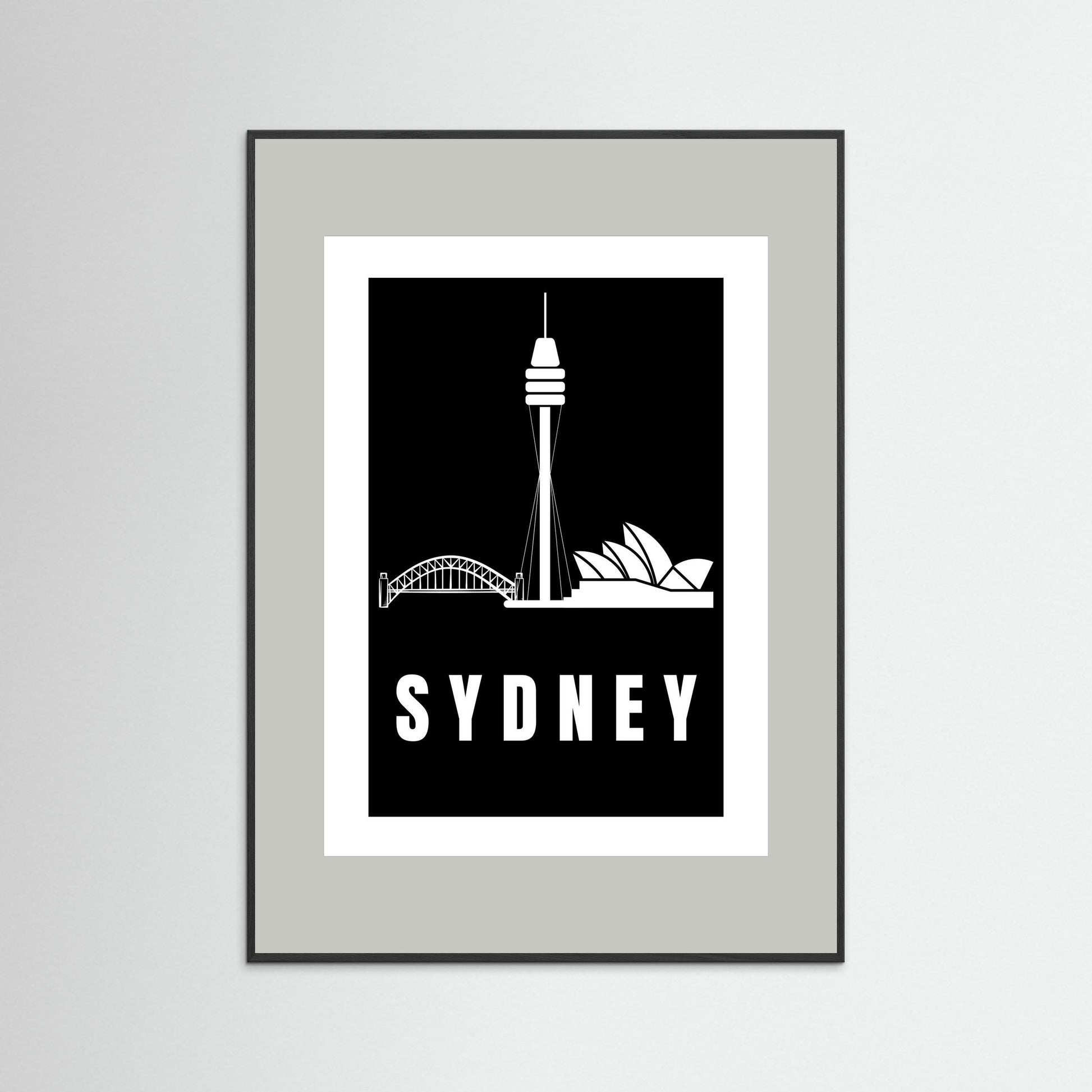 Framed artwork with Sydney skyline and 'Sydney' text on a black background and a light grey border