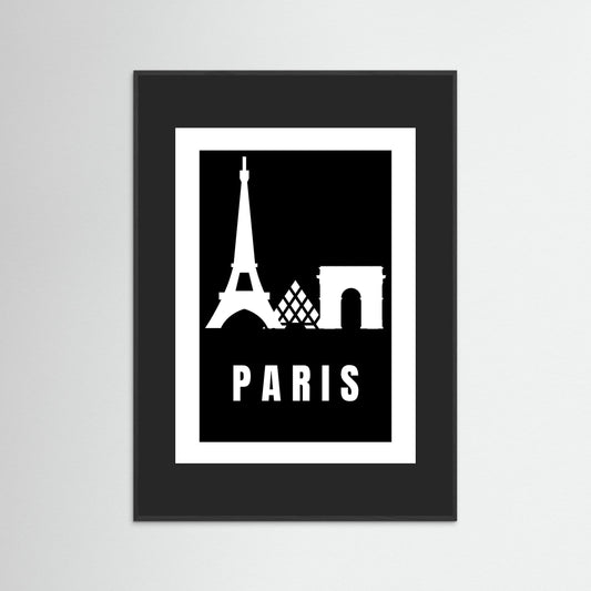 Paris Cityscape Art Print – Black Edition featuring Eiffel Tower, Louvre Pyramid, and Arc de Triomphe