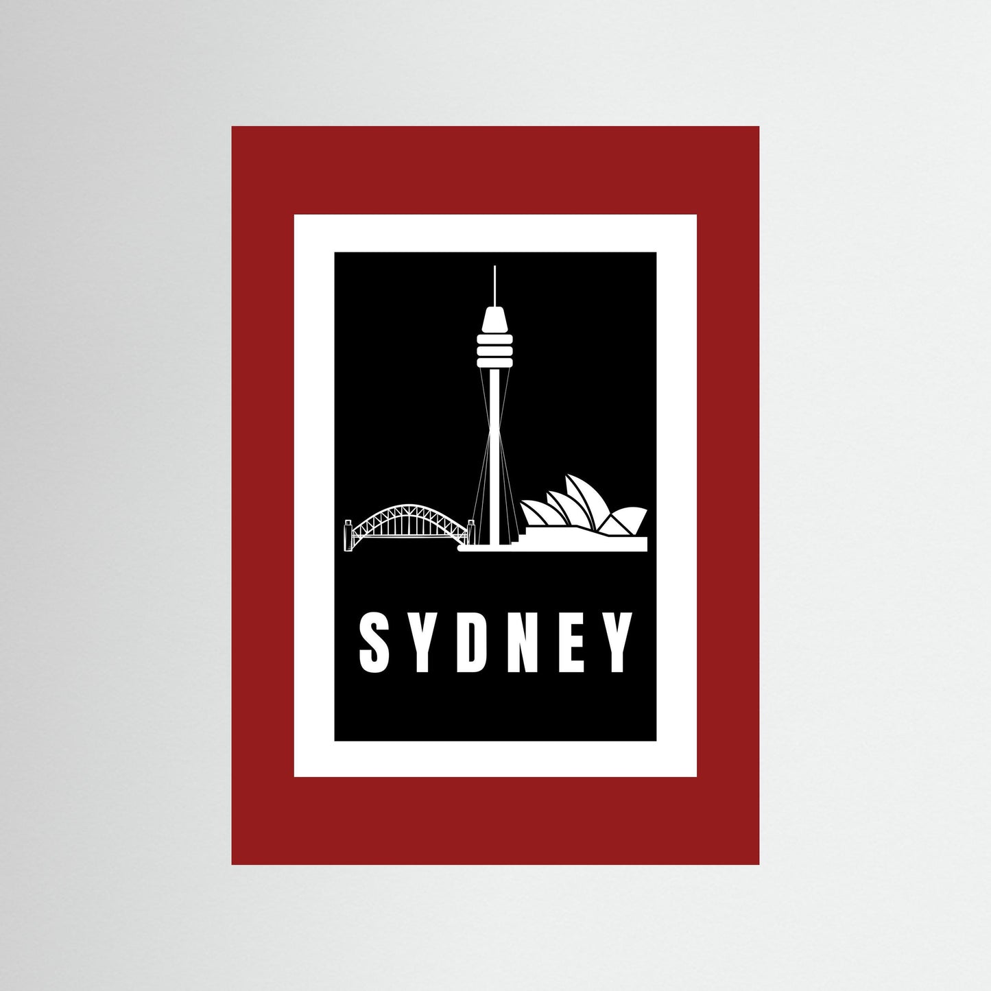 Unframed artwork with Sydney skyline and 'Sydney' text on a deep red border