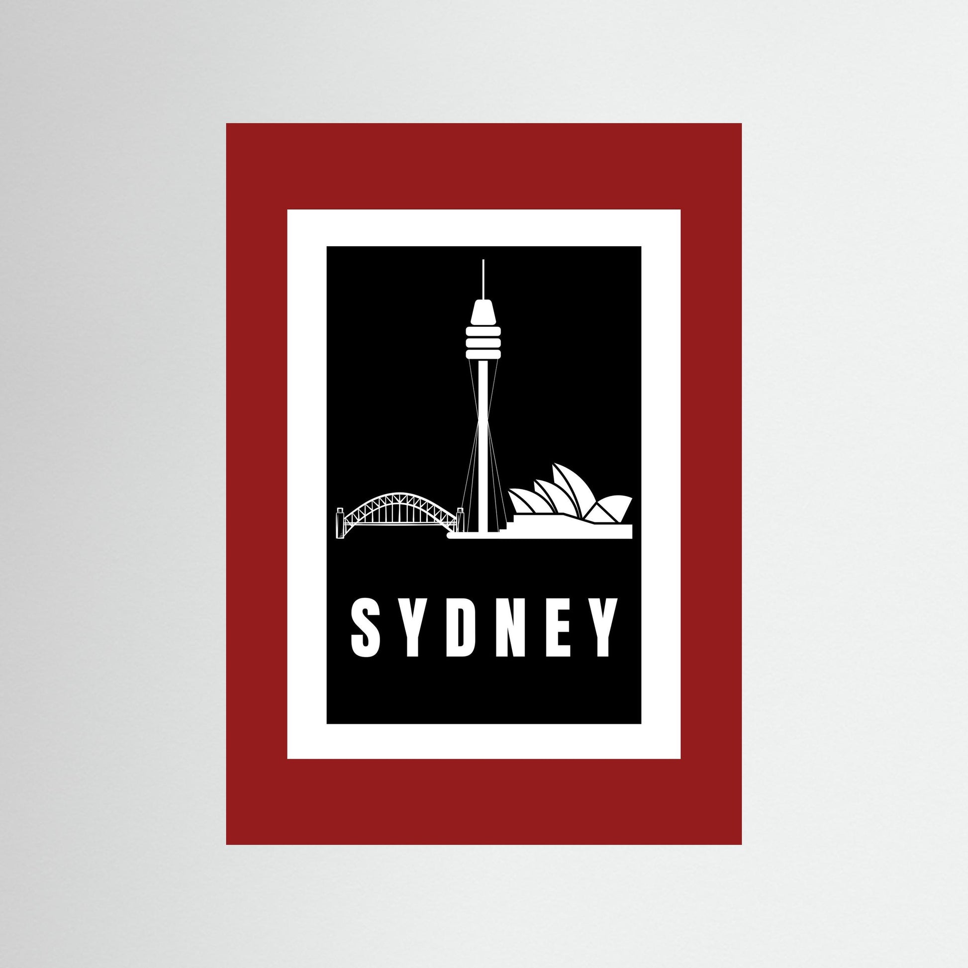 Unframed artwork with Sydney skyline and 'Sydney' text on a deep red border