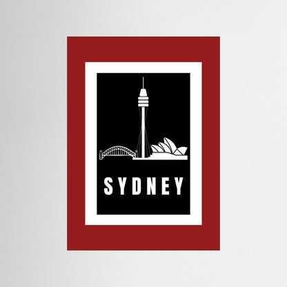 Unframed artwork with Sydney skyline and 'Sydney' text on a deep red border