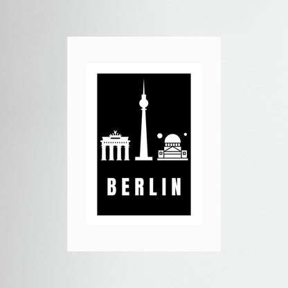 Black and white illustration of Berlin landmarks with 'BERLIN' text on white border.