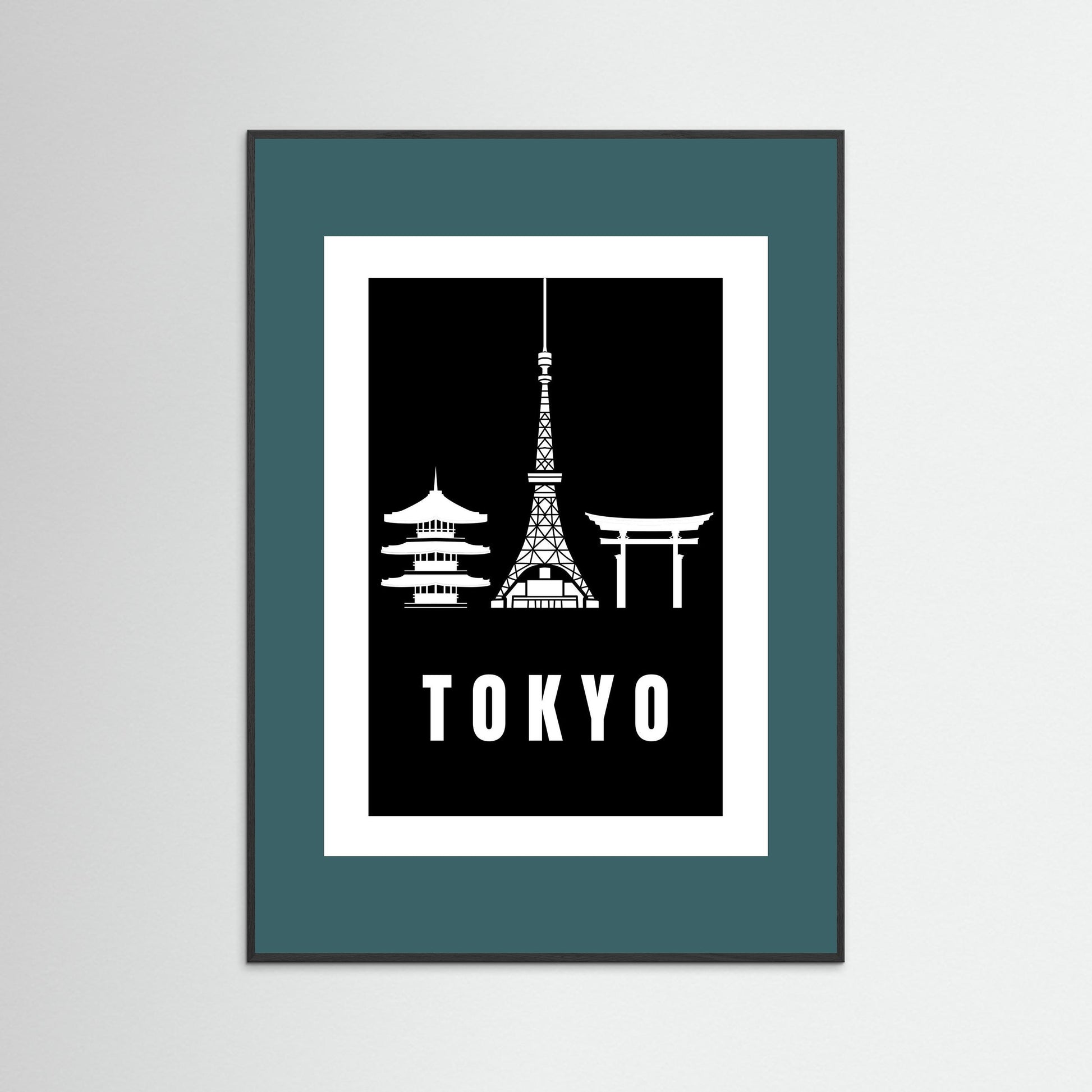 Tokyo Cityscape Art Print – Black Edition featuring pagoda, Tokyo Tower, and Torii gate. Framed with teal border