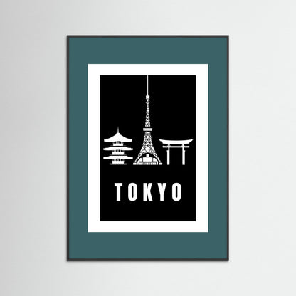 Tokyo Cityscape Art Print – Black Edition featuring pagoda, Tokyo Tower, and Torii gate. Framed with teal border