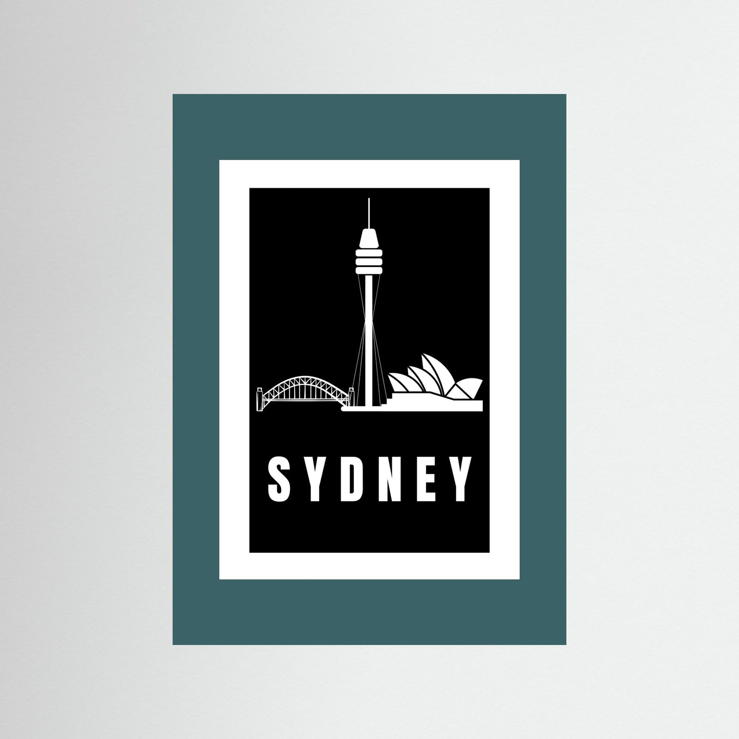 Unframed artwork with Sydney skyline and 'Sydney' text on a teal border