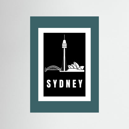 Unframed artwork with Sydney skyline and 'Sydney' text on a teal border