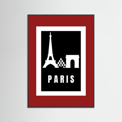 Framed poster with Eiffel Tower and Arc de Triomphe silhouettes on a black background with 'PARIS' text, framed in red.