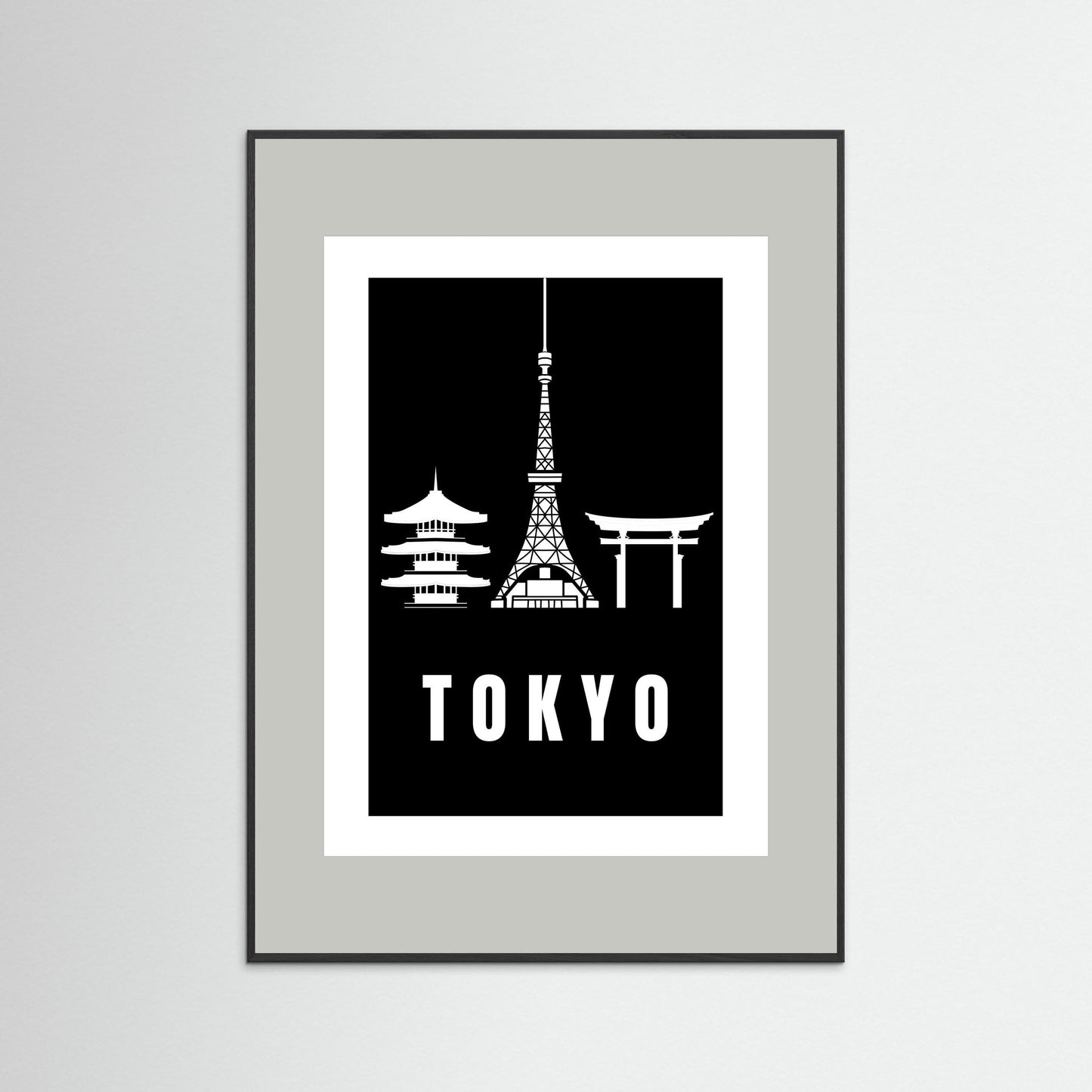 Tokyo Cityscape Art Print – Black Edition featuring pagoda, Tokyo Tower, and Torii gate. Framed with a light grey border.
