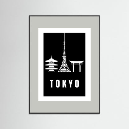 Tokyo Cityscape Art Print – Black Edition featuring pagoda, Tokyo Tower, and Torii gate. Framed with a light grey border.