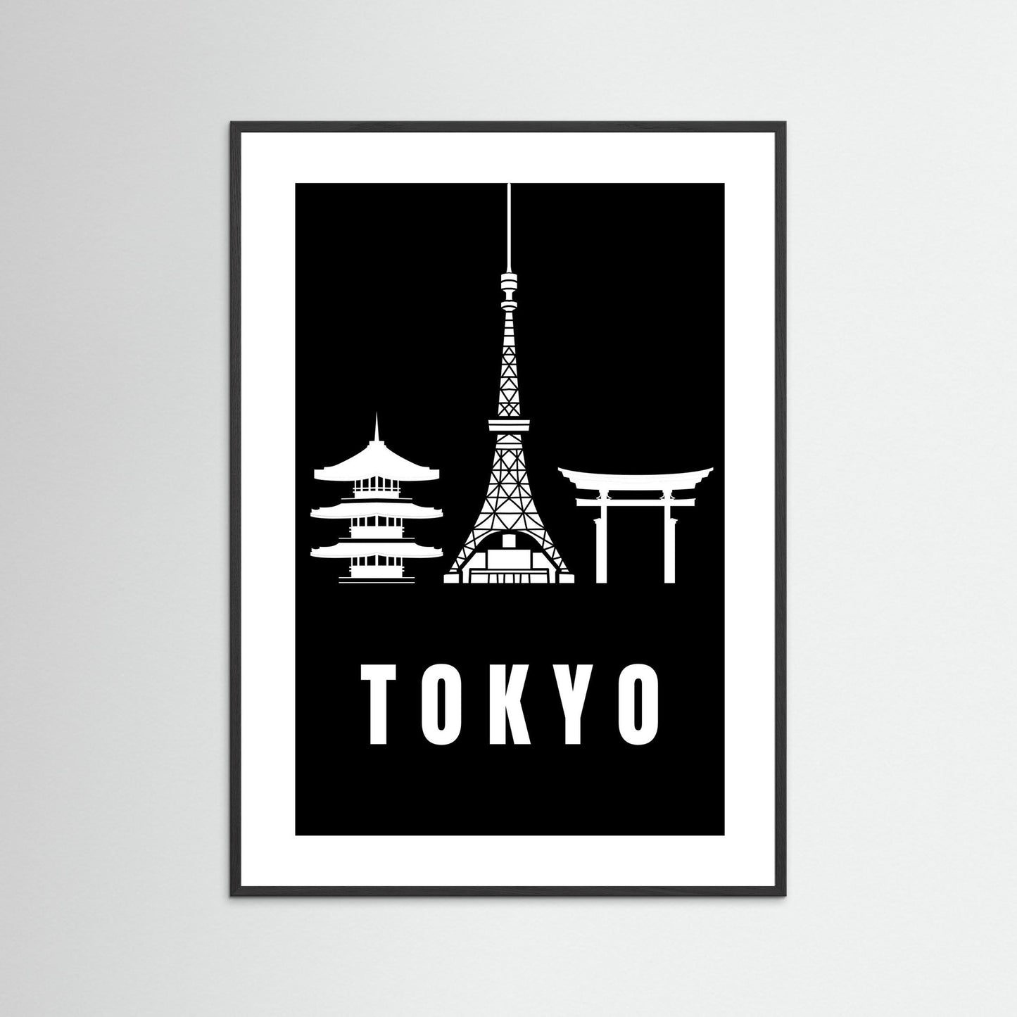 Tokyo Cityscape Art Print – Black Edition featuring pagoda, Tokyo Tower, and Torii gate. Framed with no border