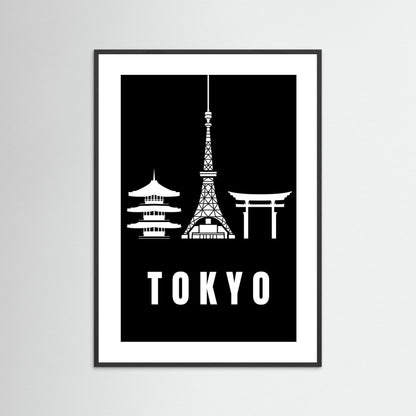 Tokyo Cityscape Art Print – Black Edition featuring pagoda, Tokyo Tower, and Torii gate. Framed with no border