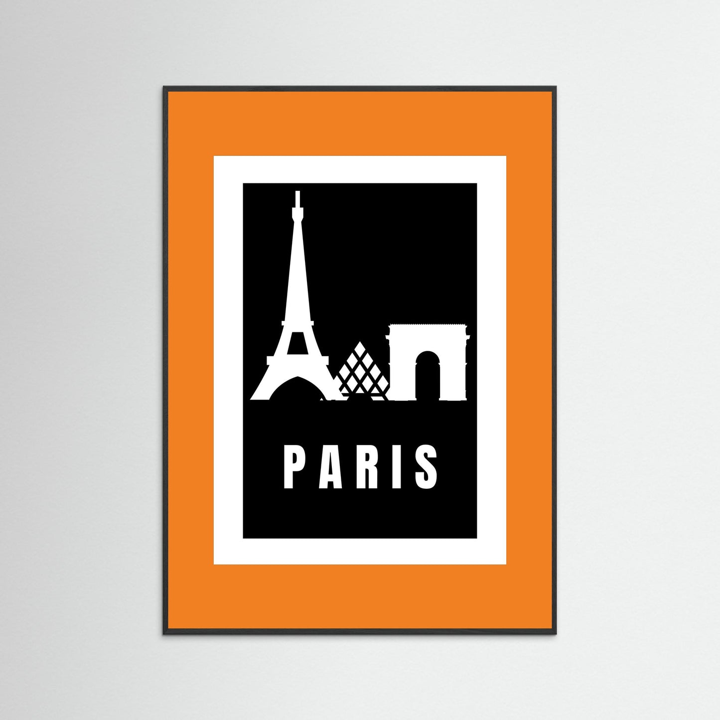 Framed poster with Eiffel Tower and Arc de Triomphe silhouettes on a black background, framed in orange.